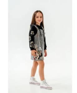 Kız çocuğu için Minnie Mouse desenli gri denim tulum elbise.