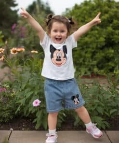 Mickey Mouse kostümü giymiş heyecanlı çocuk.