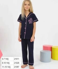 Kız çocuk pembe kenarlı lacivert pijama takımı.