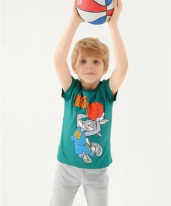 Bugs Bunny Baskılı Erkek Çocuk Tişört | Yeşil Tişört | 2 - 8 Yaş