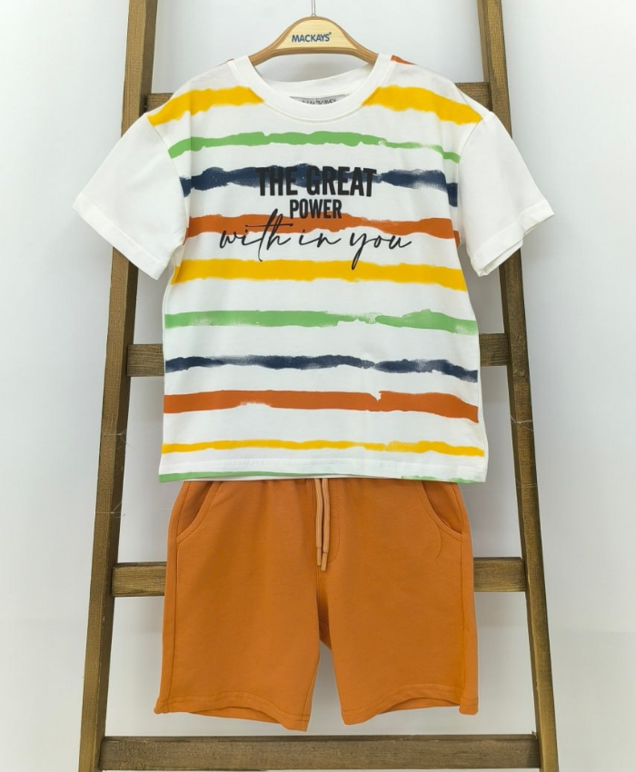 Çizgili Tişört & Turuncu Şort Erkek Çocuk Takımı - Görsel 5