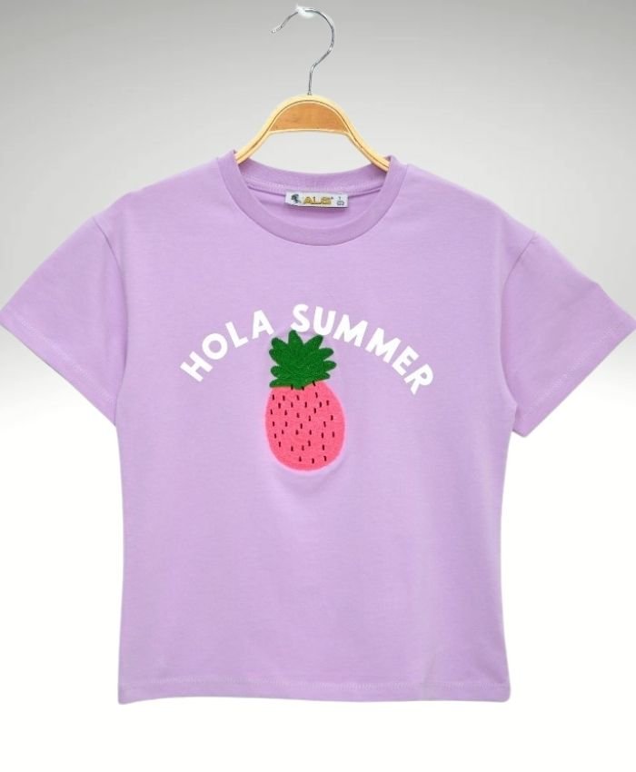 Kız Çocuk Hola Summer Yazılı Ananas Baskılı Tişört - Görsel 2