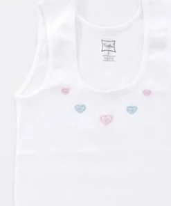 Kız Çocuk İşlemeli Geniş Askılı Pamuklu Atlet - Pembe, Mavi, Beyaz Renk Seçenekleri