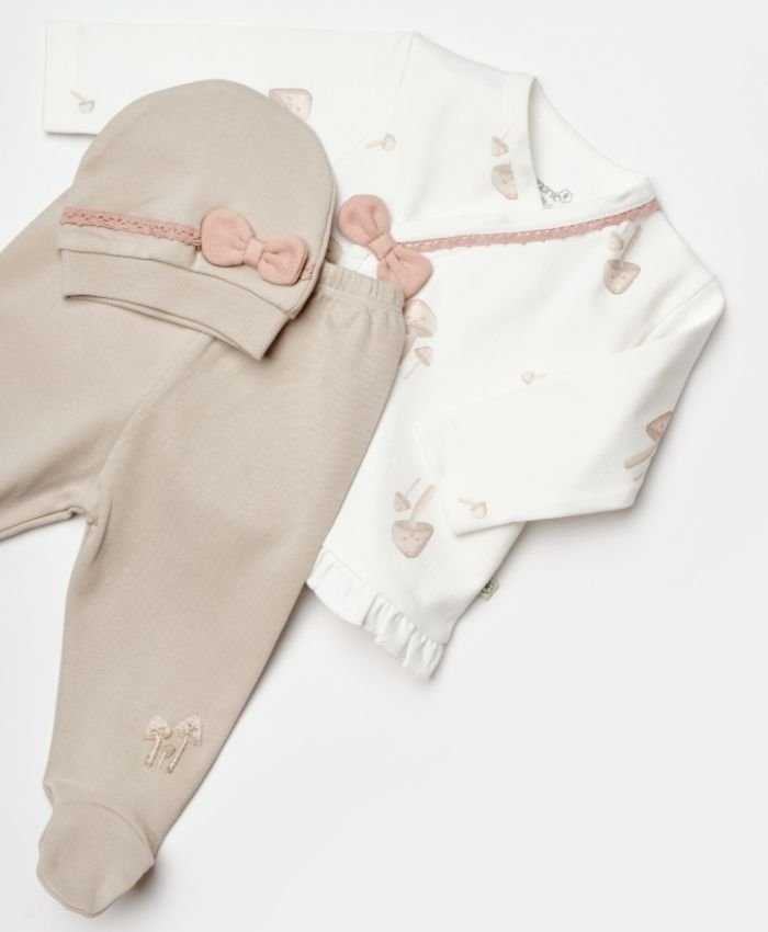 Kız Bebek Mantar Baskılı Fiyonklu Şapkalı Yandan Çıtçıtlı 3lü Zıbın Takımı - Görsel 2