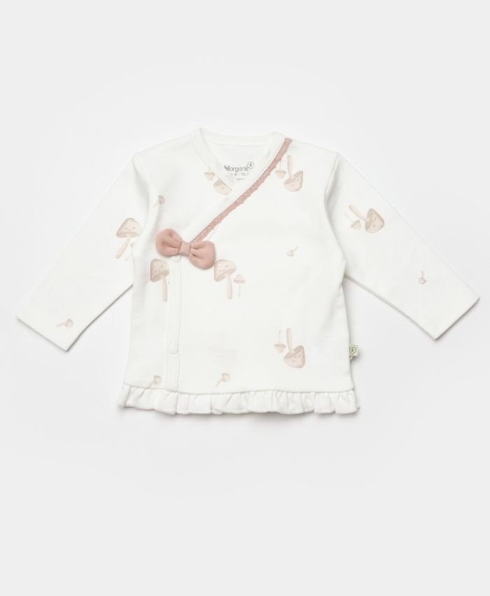 Kız Bebek Mantar Baskılı Fiyonklu Şapkalı Yandan Çıtçıtlı 3lü Zıbın Takımı - Görsel 5