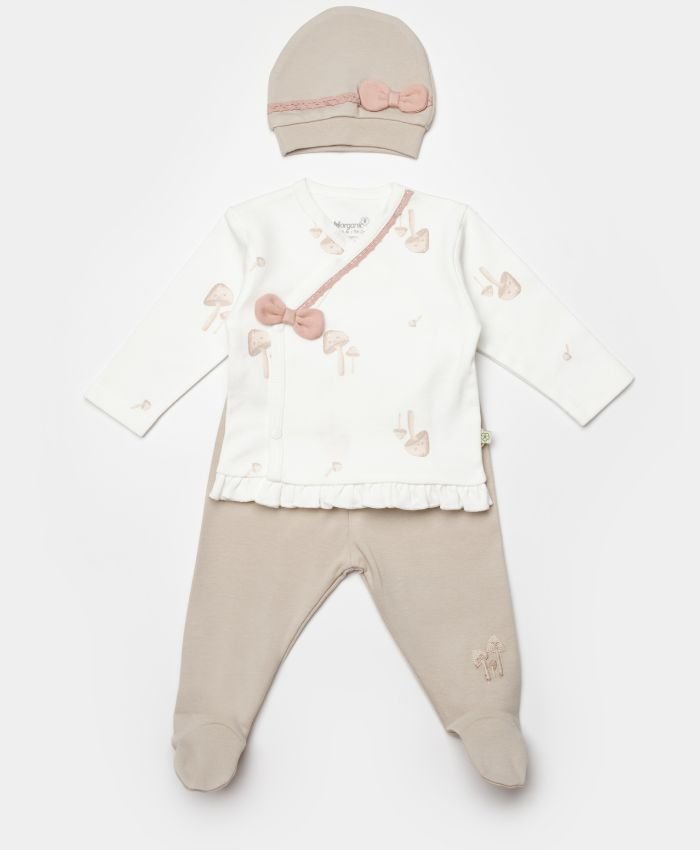 Kız Bebek Mantar Baskılı Fiyonklu Şapkalı Yandan Çıtçıtlı 3lü Zıbın Takımı - Görsel 3