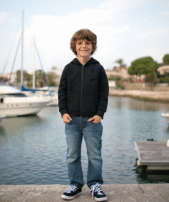 Siyah Kapşonlu Erkek Çocuk Hırkası | Fermuarlı | Cep Detaylı | 9 - 12 Yaş