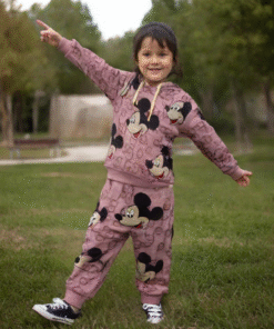 Mickey Baskılı Pembe Kapşonlu Kız Bebek Takımı | 9 12 18 24 Ay | Kapşonlu Sweat & Alt