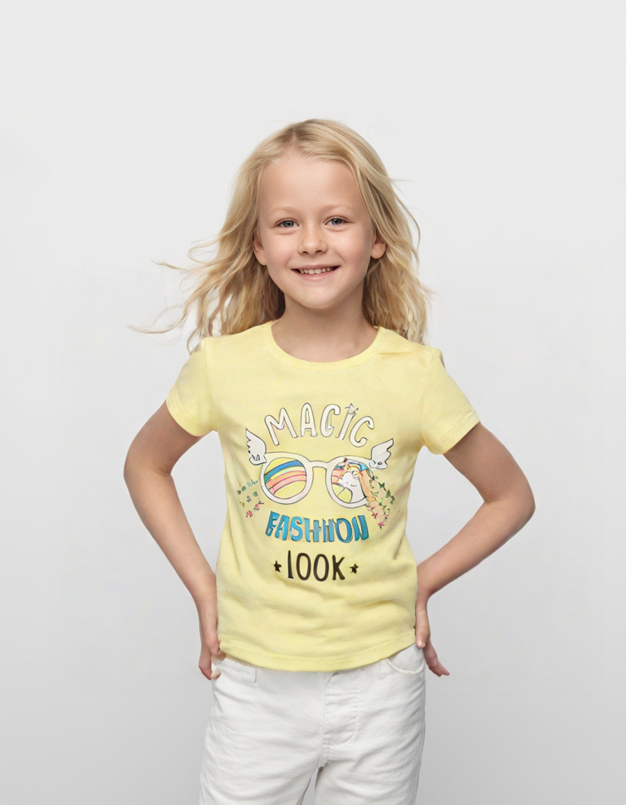 Gözlüklü Baskılı Tropikal Desen Kısa Kollu Kız Çocuk T - Shirt - Mor, 3 - 4 Yaş