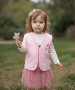 Kız Bebek Barbie Baskılı Ahşap Düğmeli Penye Yelek