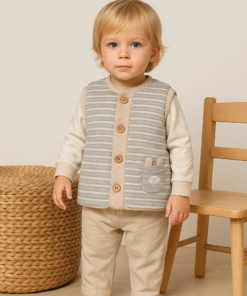 Unisex Önden Düğmeli Çizgili Ayıcık Cepli Gri Renk Yelek