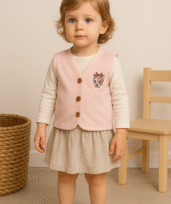 Kız Bebek Panda Kafa Baskılı Ahşap Düğmeli Pembe Renk Yelek