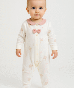 Kız Bebek Önden Çıtçıtlı Fiyonk Detaylı Mantar Baskılı Ayaklı Tulum