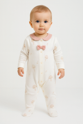 Kız Bebek Önden Çıtçıtlı Fiyonk Detaylı Mantar Baskılı Ayaklı Tulum