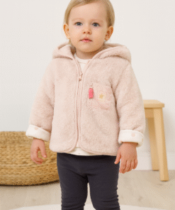 Kız Bebek Fermuar Cep Detaylı Kapşonlu Peluş Mont