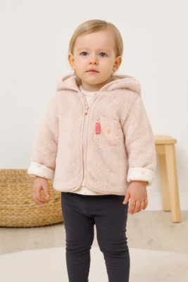 Kız Bebek Fermuar Cep Detaylı Kapşonlu Peluş Mont
