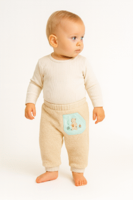 Erkek Bebek Beli Lastikli Kanguru Cepli Ayıcık Baskılı Peluş Alt Pantolon