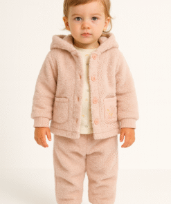 Kız Çocuk Peluş Yandan Düğmeli Kapşonlu Kanguru Cepli Kedi Baskılı 3lü Takım