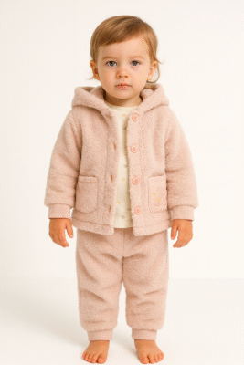 Kız Çocuk Peluş Yandan Düğmeli Kapşonlu Kanguru Cepli Kedi Baskılı 3lü Takım