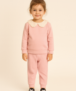 Kız Çocuk Yakası Dantelli Pembe Renk Cute Girl Fitilli Pantolonlu Takım