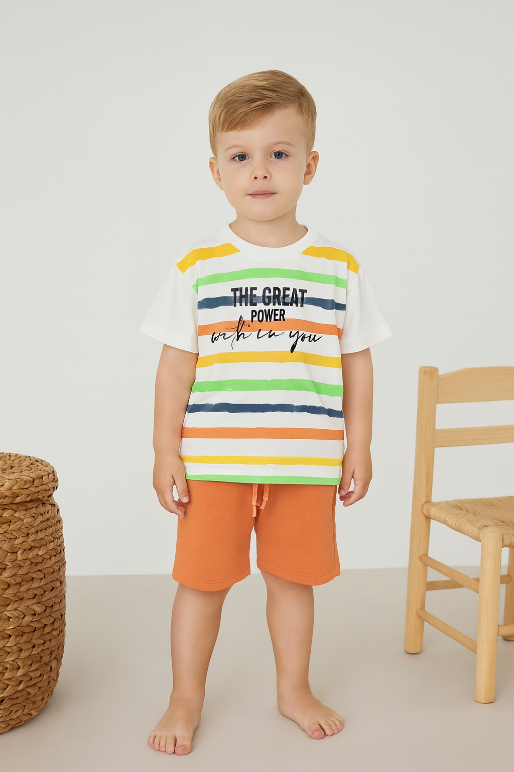 Çizgili Tişört & Turuncu Şort Erkek Çocuk Takımı