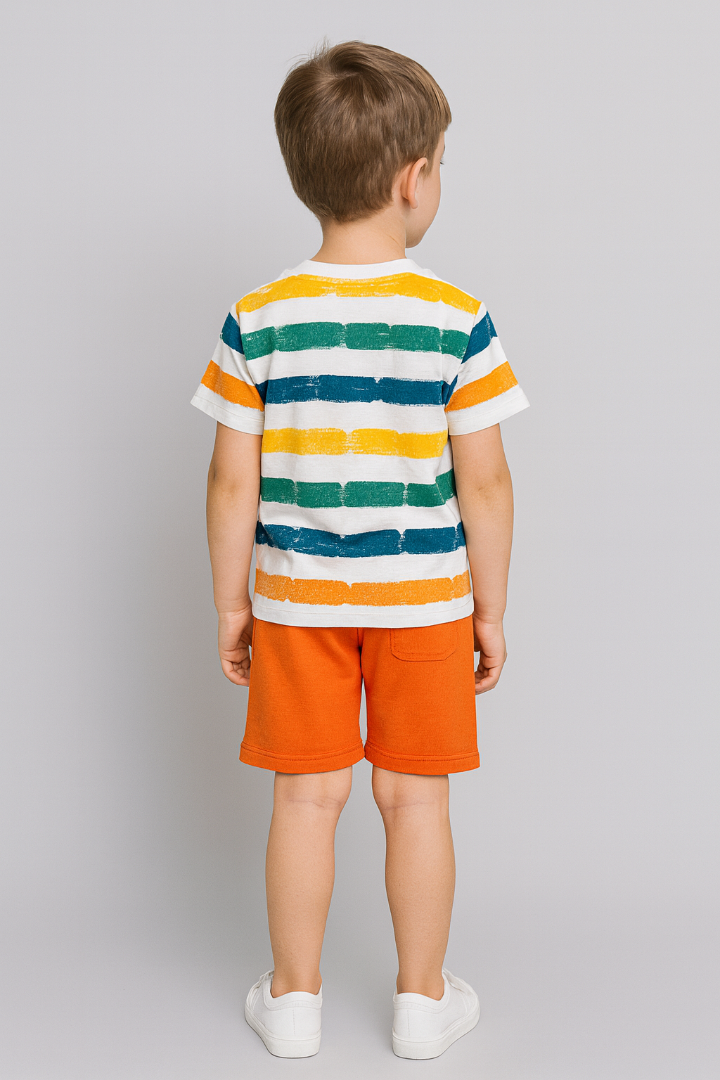 Çizgili Tişört & Turuncu Şort Erkek Çocuk Takımı - Görsel 4