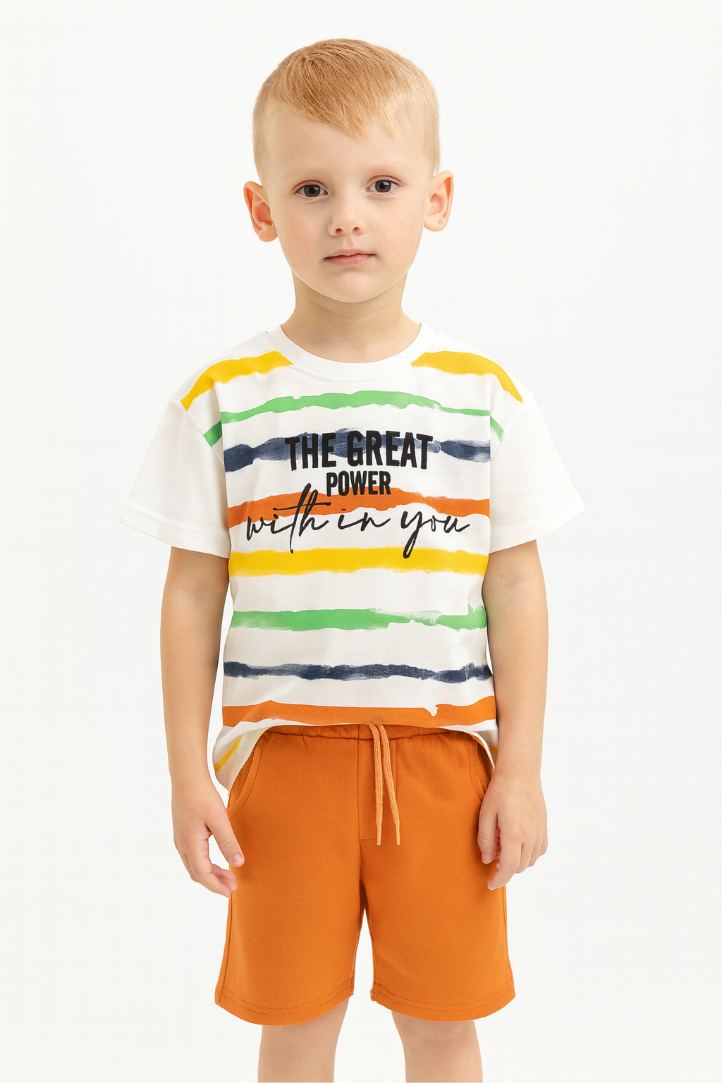 Çizgili Tişört & Turuncu Şort Erkek Çocuk Takımı - Görsel 2