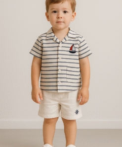 Erkek Çocuk Gemi Nakışlı Çizgili Gömlek Şort2'li Takım - Keten - Şortlu - Lastikli - Mavi - Beyaz